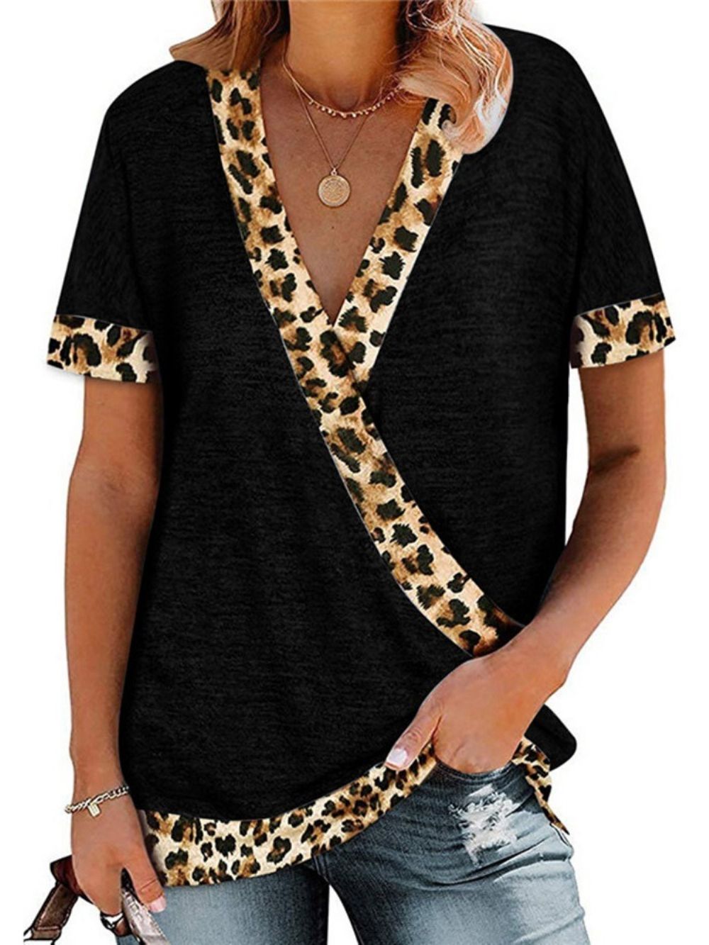 Camiseta Feminina De Verão Com Gola Em V Manga Curta Leopardo Solta