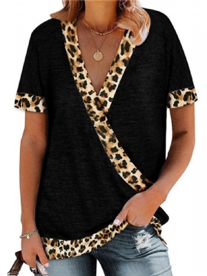 Camiseta Feminina De Verão Com Gola Em V Manga Curta Leopardo Solta