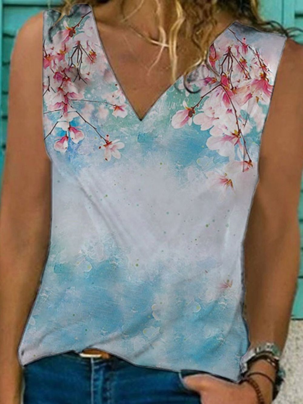 Camiseta De Verão Sem Manga Floral Com Decote Em V