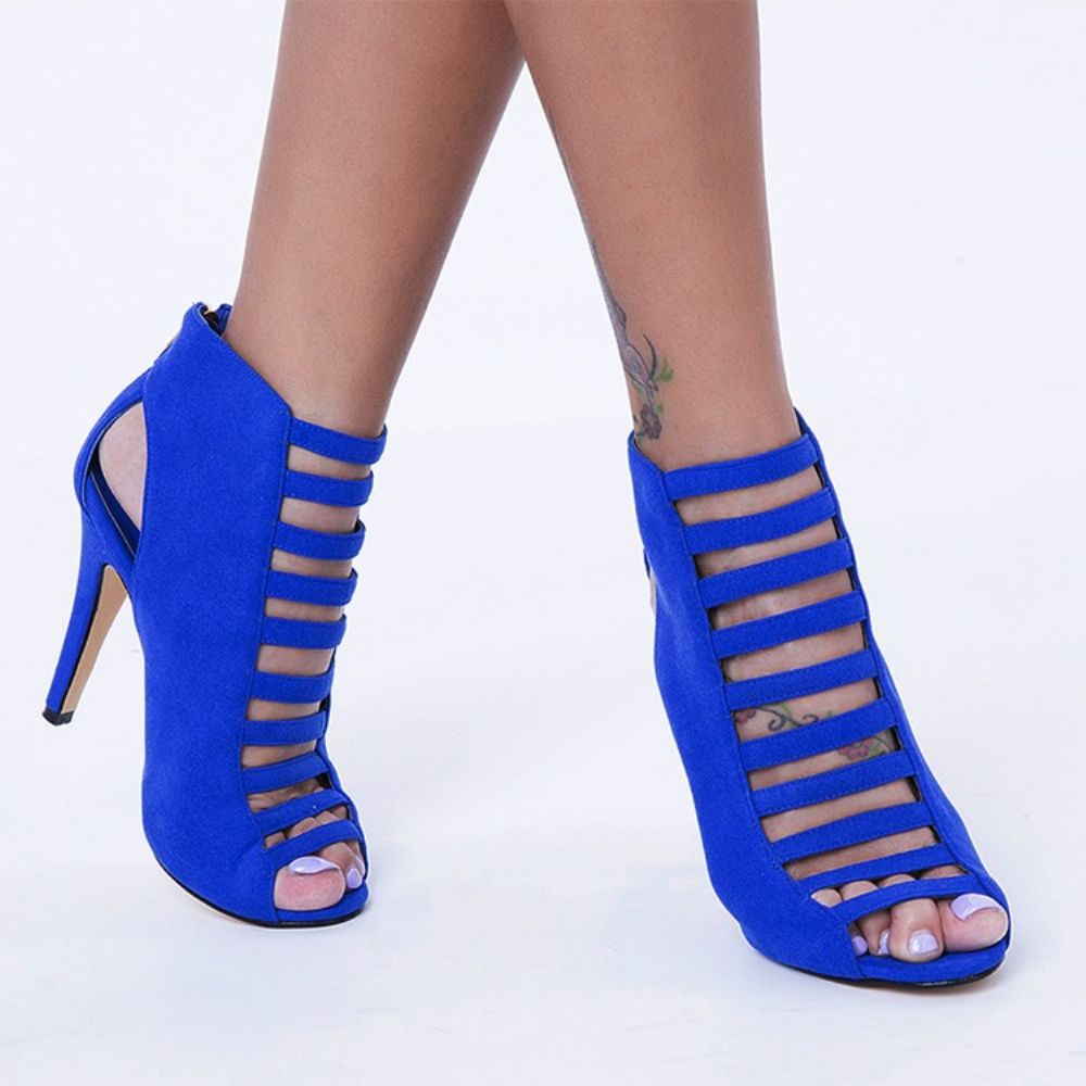 Sandálias De Salto Agulha Azul Peep Toe Bakc Zip