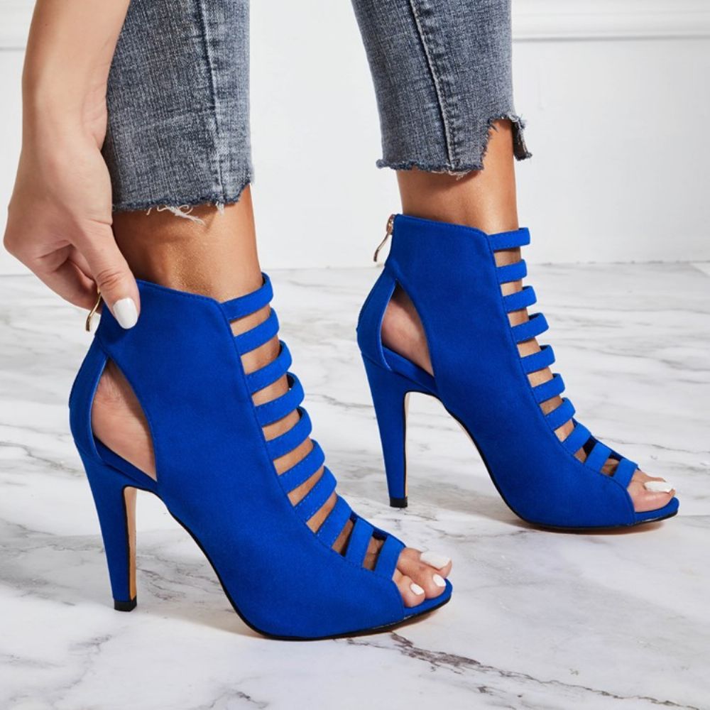 Sandálias De Salto Agulha Azul Peep Toe Bakc Zip