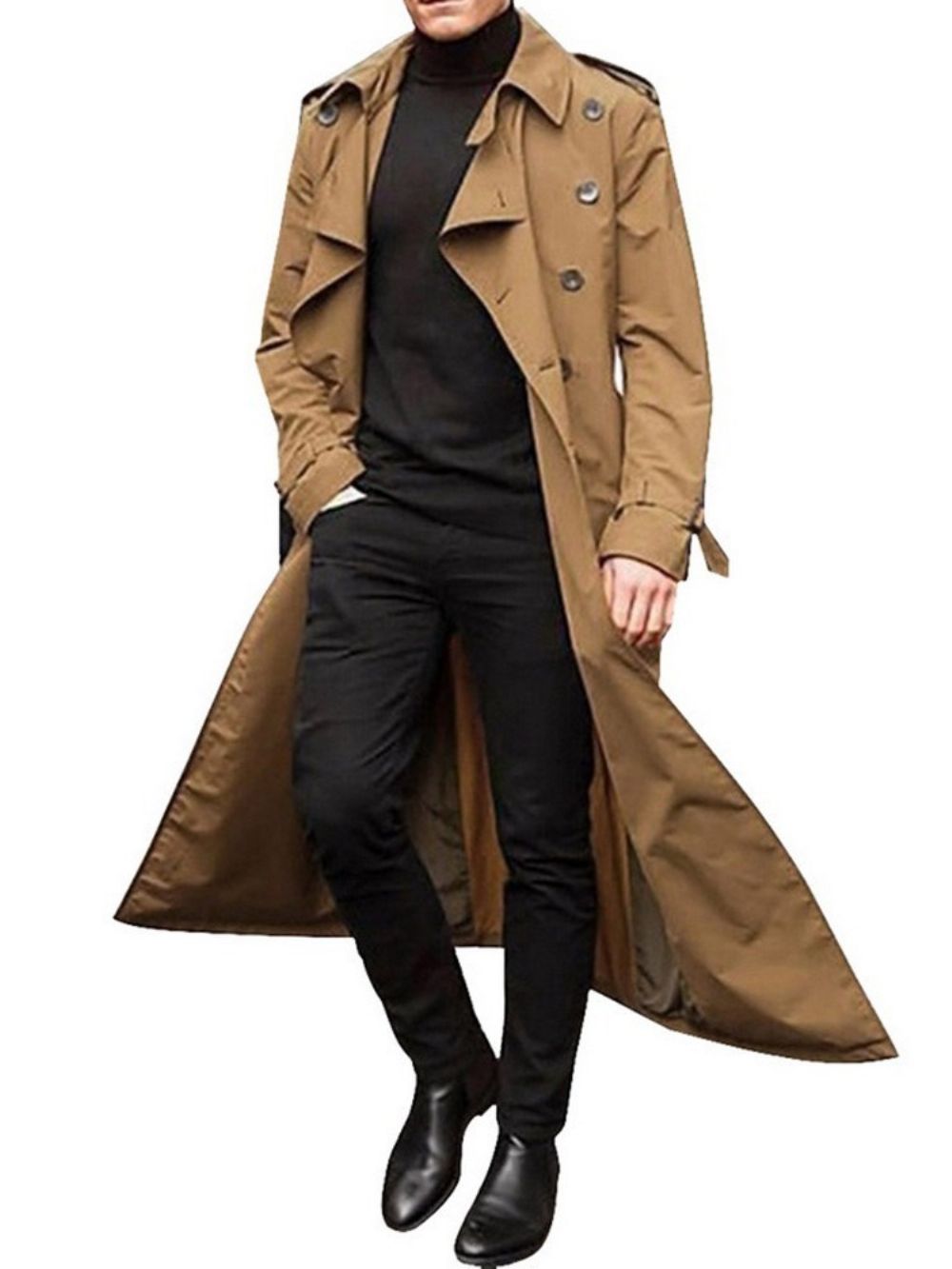 Trench Coat Europeu Masculino Liso Com Lapela E Botão