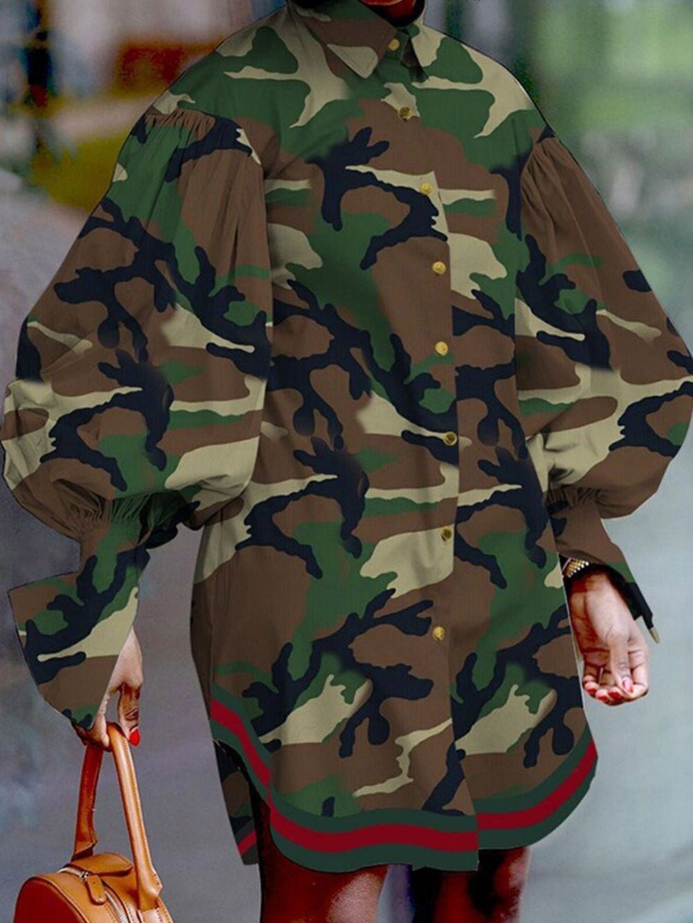 Vestido Assimétrico Com Lapela Acima Do Joelho Manga Longa Camuflada