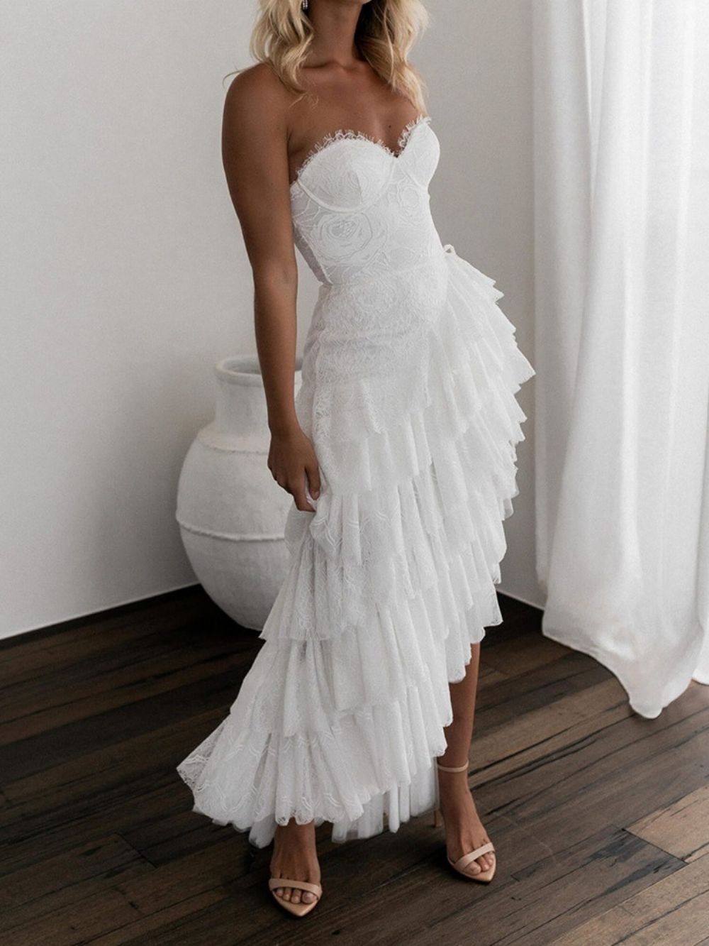 Vestido Assimétrico De Retalhos Até O Chão Sem Mangas Vestido Branco Para Convidados De Casamento