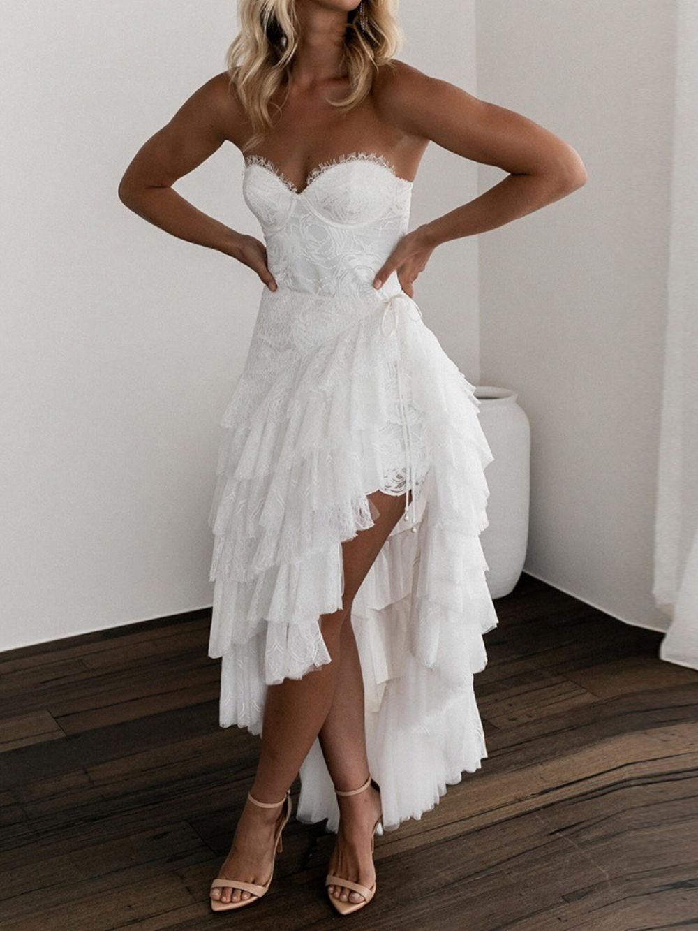 Vestido Assimétrico De Retalhos Até O Chão Sem Mangas Vestido Branco Para Convidados De Casamento