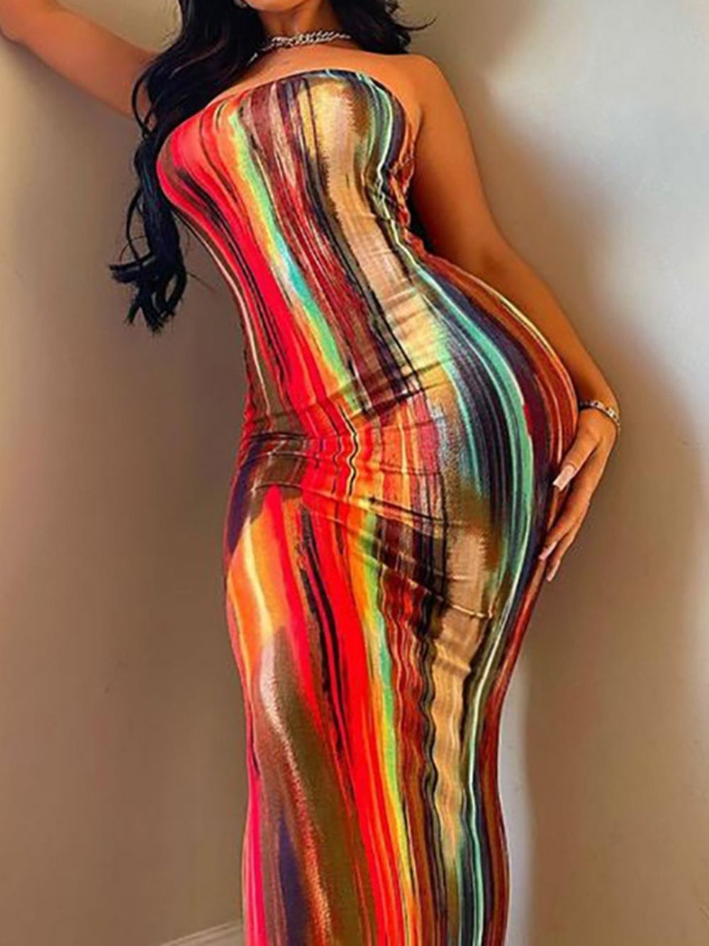 Vestido Bodycon Tie Dye Sem Mangas Até O Chão