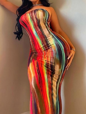 Vestido Bodycon Tie Dye Sem Mangas Até O Chão