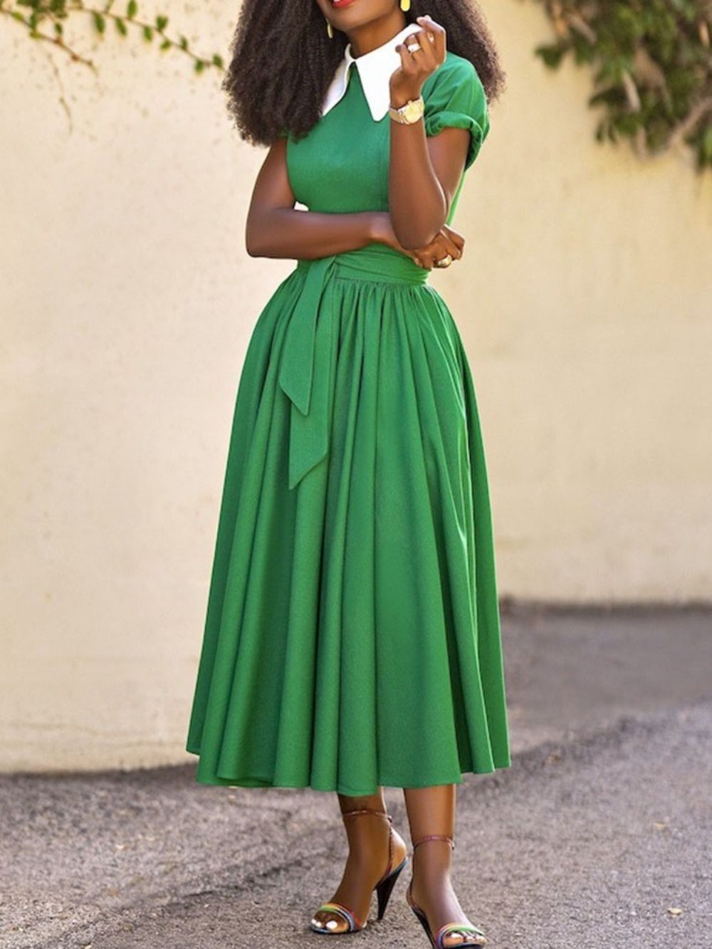 Vestido Casual De Verão Manga Curta Meia Panturrilha E Lapela Color Block