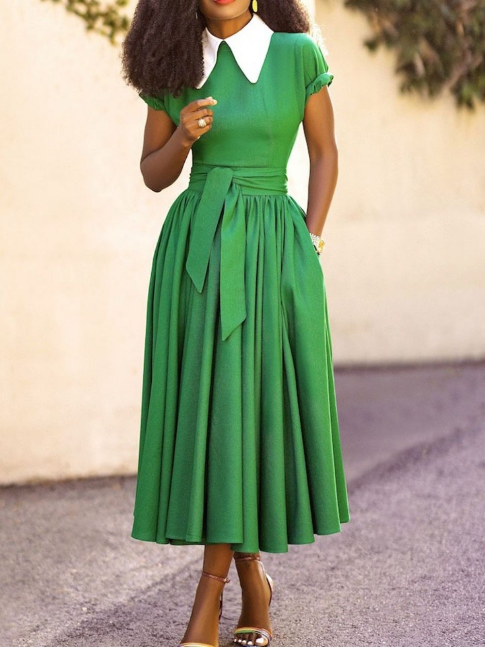 Vestido Casual De Verão Manga Curta Meia Panturrilha E Lapela Color Block