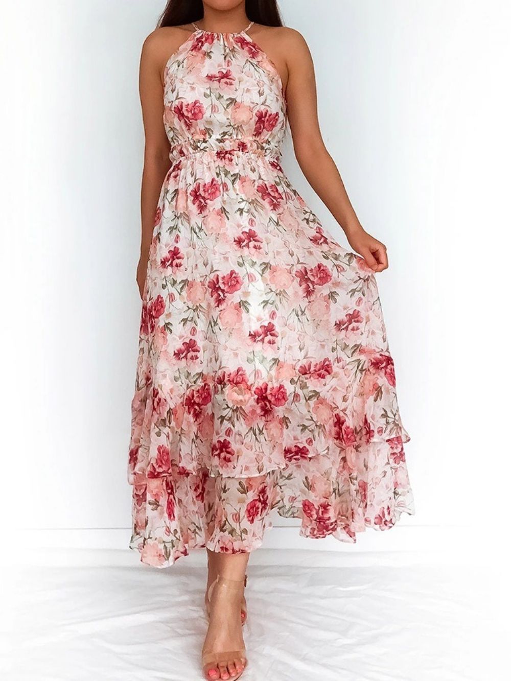 Vestido Com Estampa De Tornozelo Sem Mangas Pulôver De Cintura Alta Vestido Floral Maxi Vestidos De Praia Para Mulheres