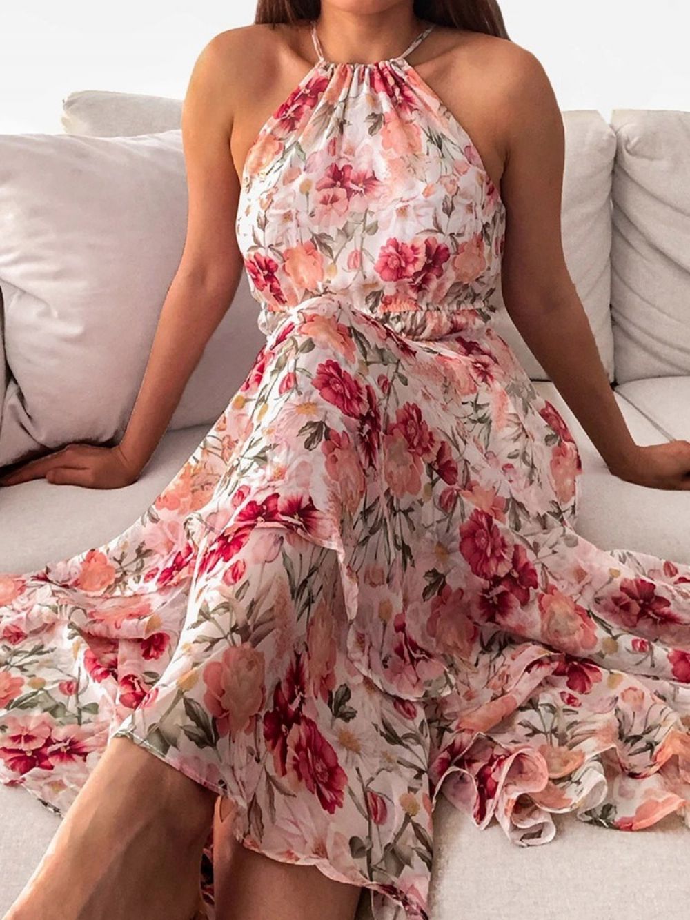 Vestido Com Estampa De Tornozelo Sem Mangas Pulôver De Cintura Alta Vestido Floral Maxi Vestidos De Praia Para Mulheres