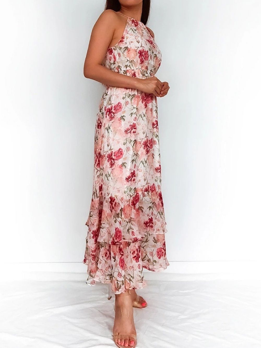 Vestido Com Estampa De Tornozelo Sem Mangas Pulôver De Cintura Alta Vestido Floral Maxi Vestidos De Praia Para Mulheres