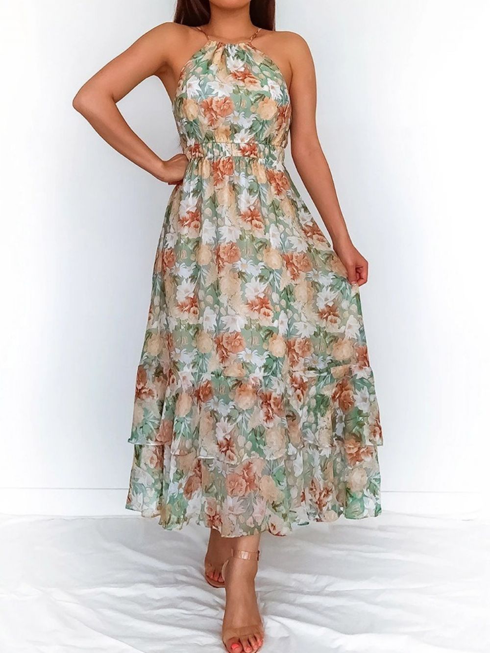 Vestido Com Estampa De Tornozelo Sem Mangas Pulôver De Cintura Alta Vestido Floral Maxi Vestidos De Praia Para Mulheres