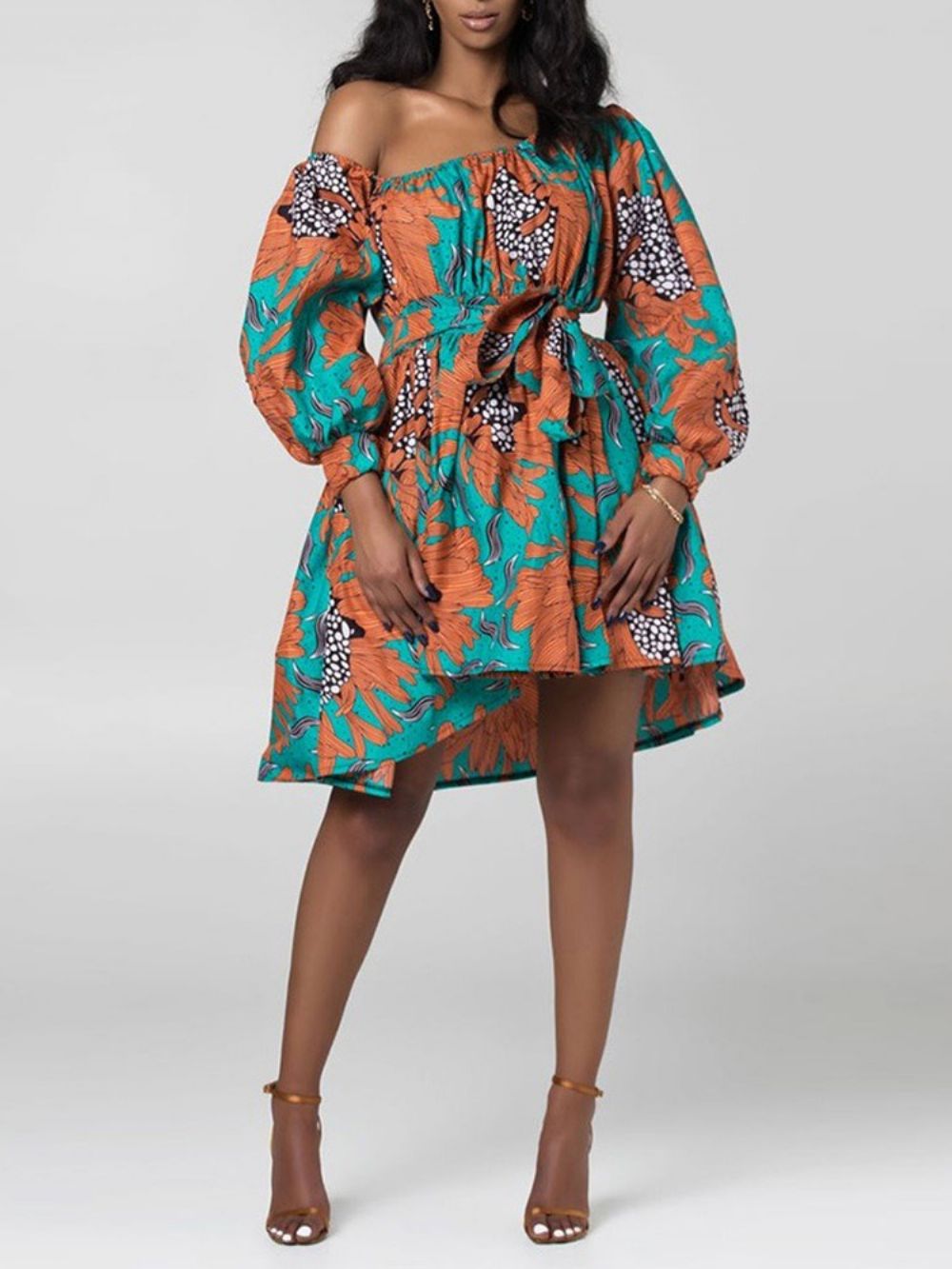 Vestido Floral Moda Africana Gola Oblíqua Lanterna Acima Do Joelho