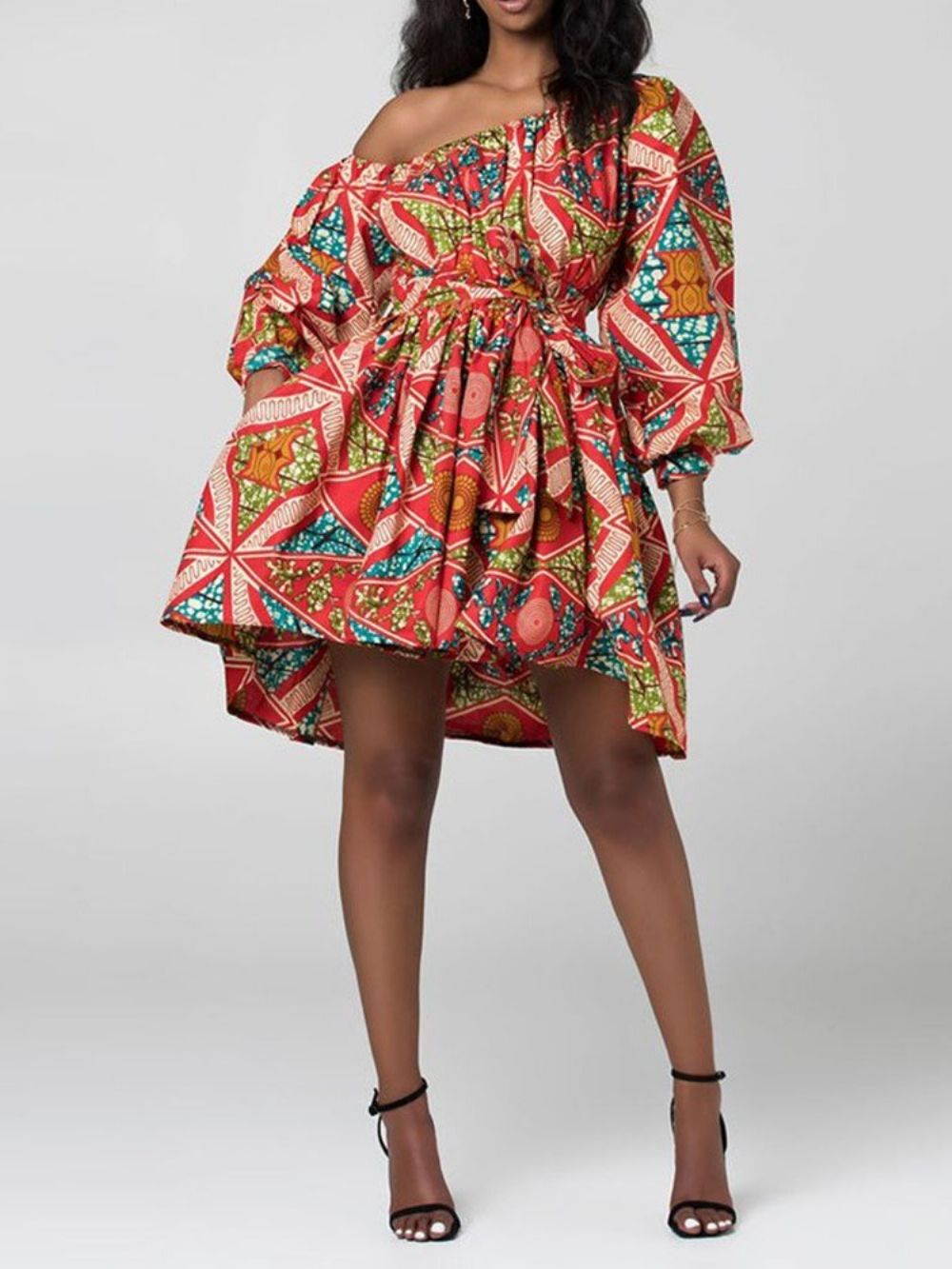 Vestido Floral Moda Africana Gola Oblíqua Lanterna Acima Do Joelho