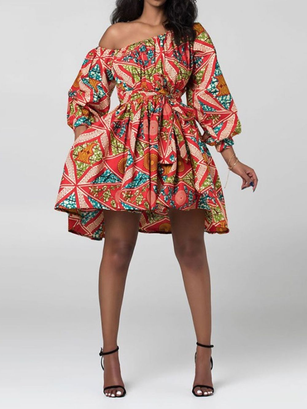 Vestido Floral Moda Africana Gola Oblíqua Lanterna Acima Do Joelho