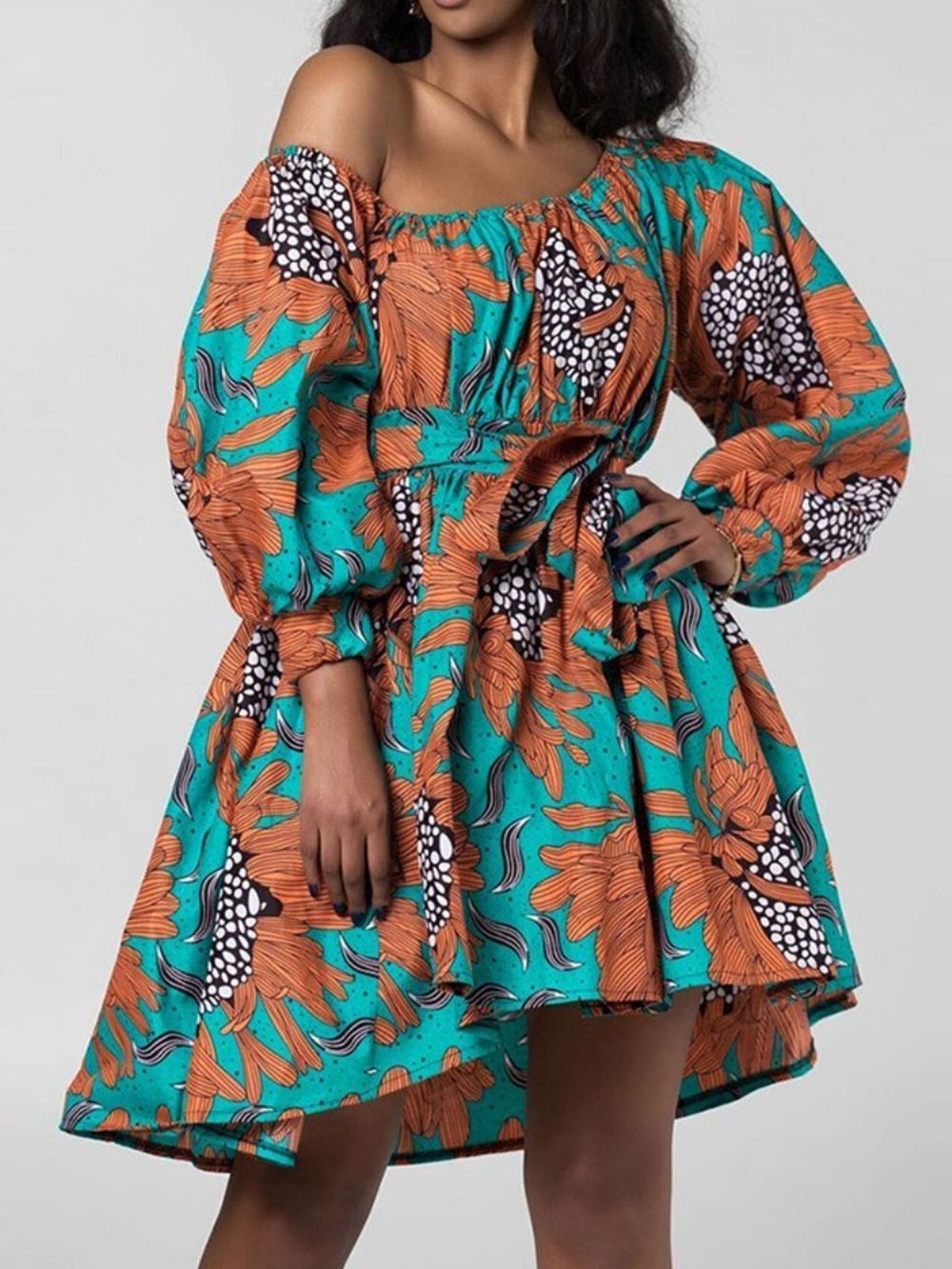 Vestido Floral Moda Africana Gola Oblíqua Lanterna Acima Do Joelho