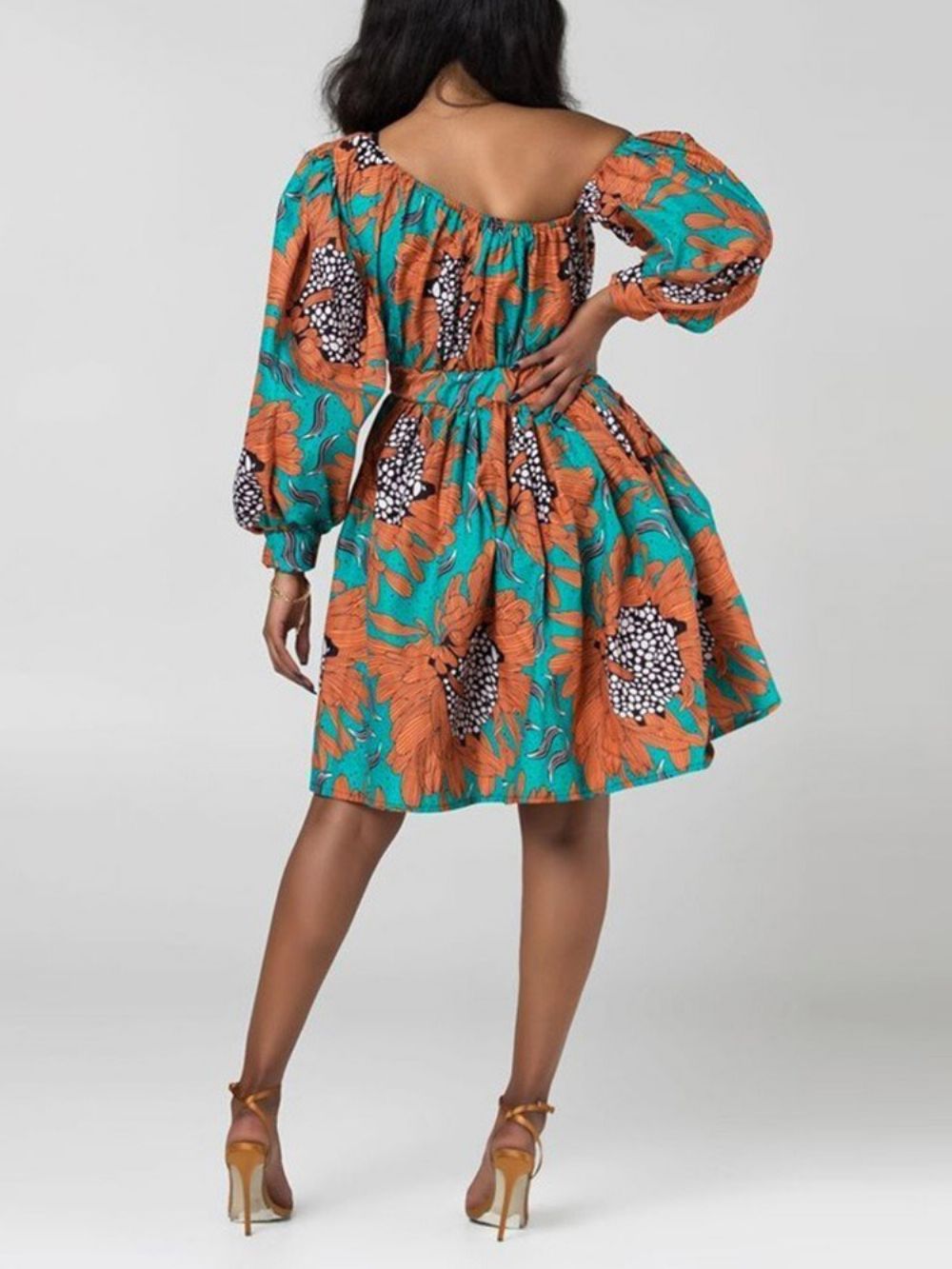 Vestido Floral Moda Africana Gola Oblíqua Lanterna Acima Do Joelho