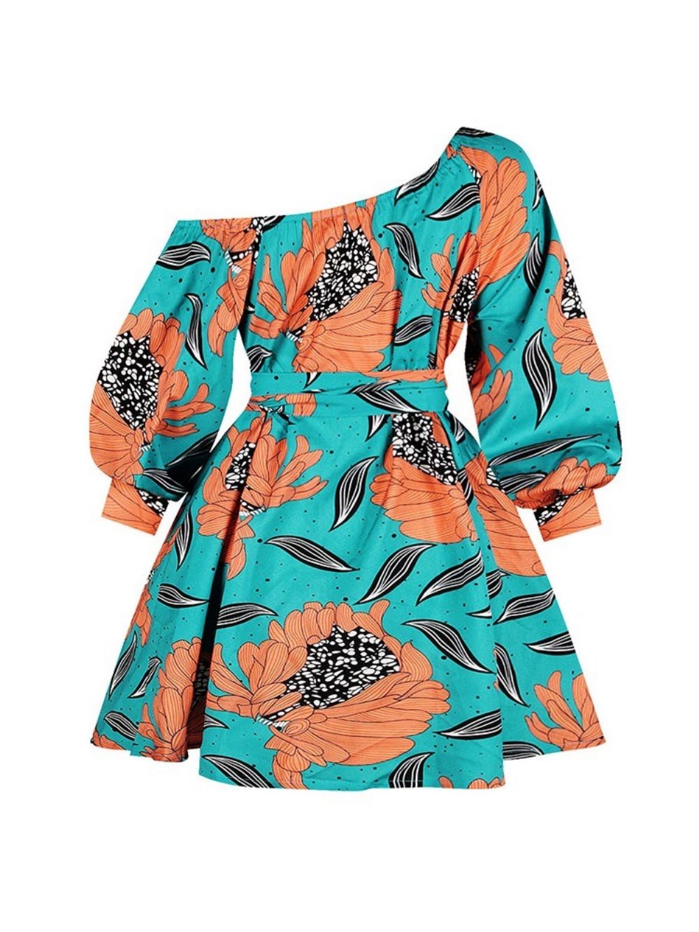 Vestido Floral Moda Africana Gola Oblíqua Lanterna Acima Do Joelho