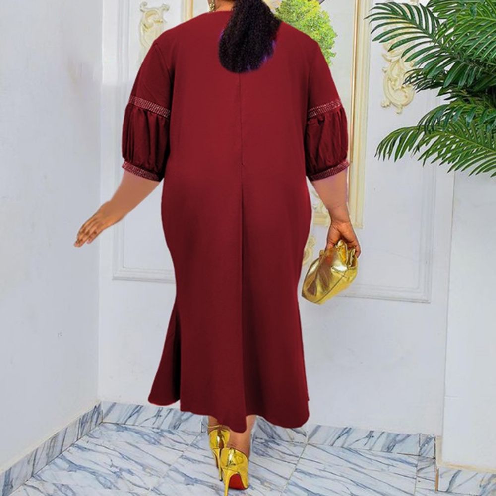 Vestido De Outono Com Manga 9 Pontos Plus Size Decote Redondo E Gola Redonda