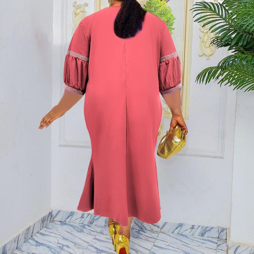 Vestido De Outono Com Manga 9 Pontos Plus Size Decote Redondo E Gola Redonda