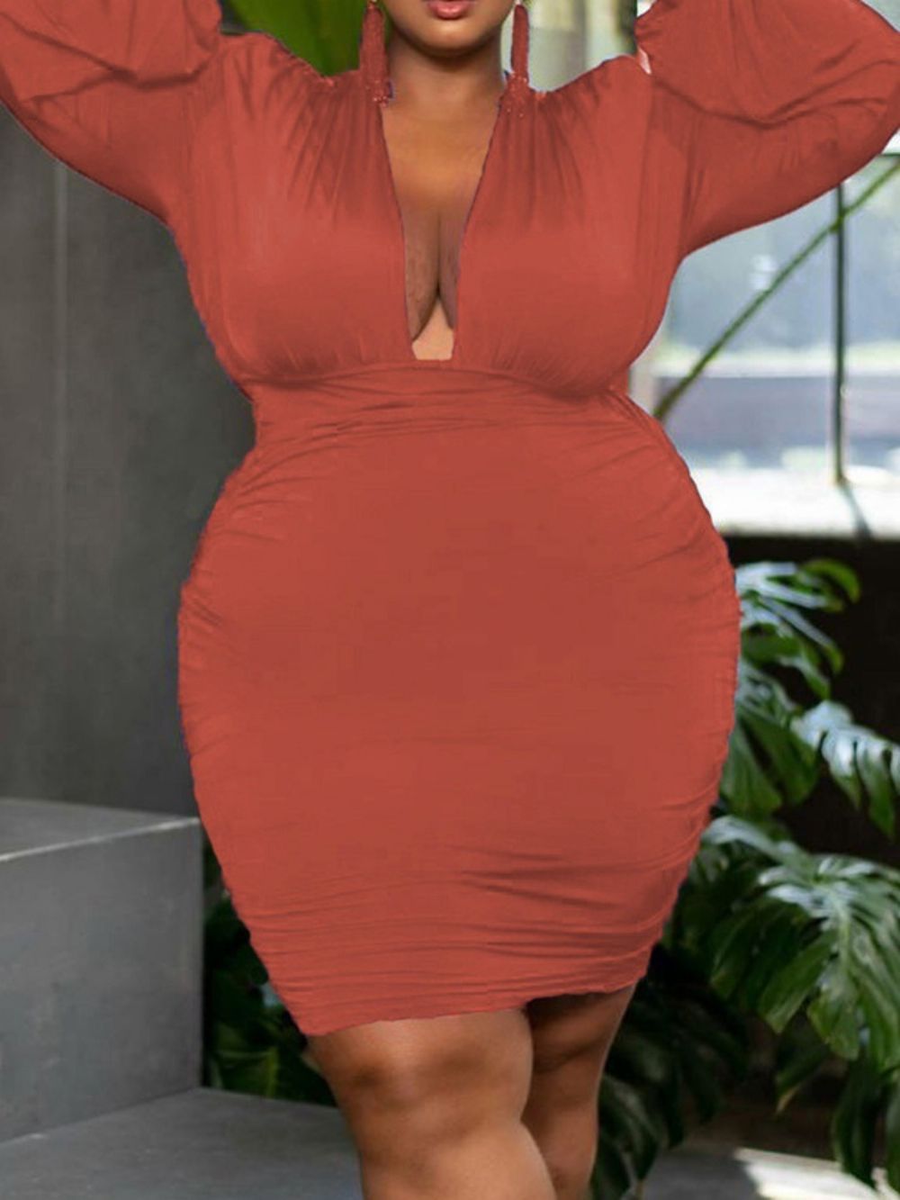 Vestido Sexy Com Decote Em V E Manga Longa Outono Plus Size