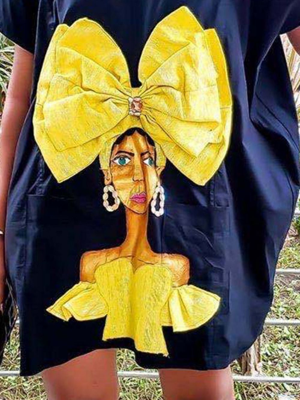 Vestido De Verão Estampado Acima Do Joelho Manga Curta Cartoon