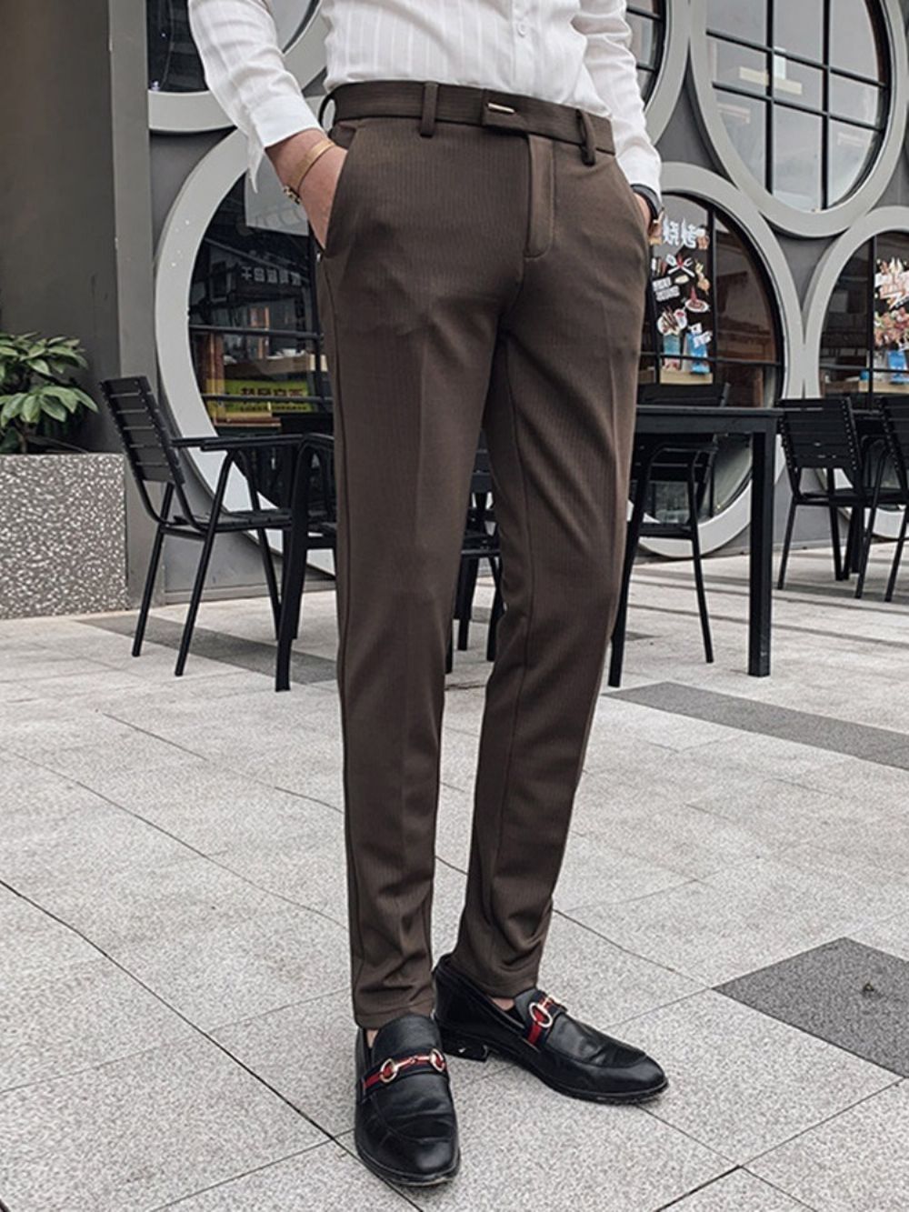 Calça Blazer Masculina Listrada Com Cintura Média E Comprimento Total