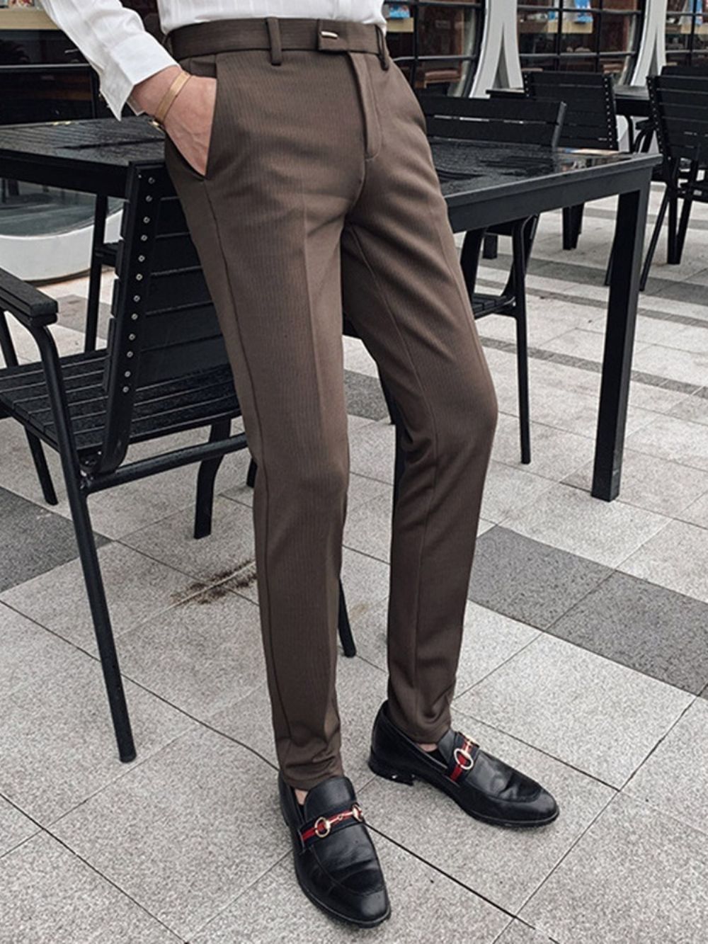 Calça Blazer Masculina Listrada Com Cintura Média E Comprimento Total