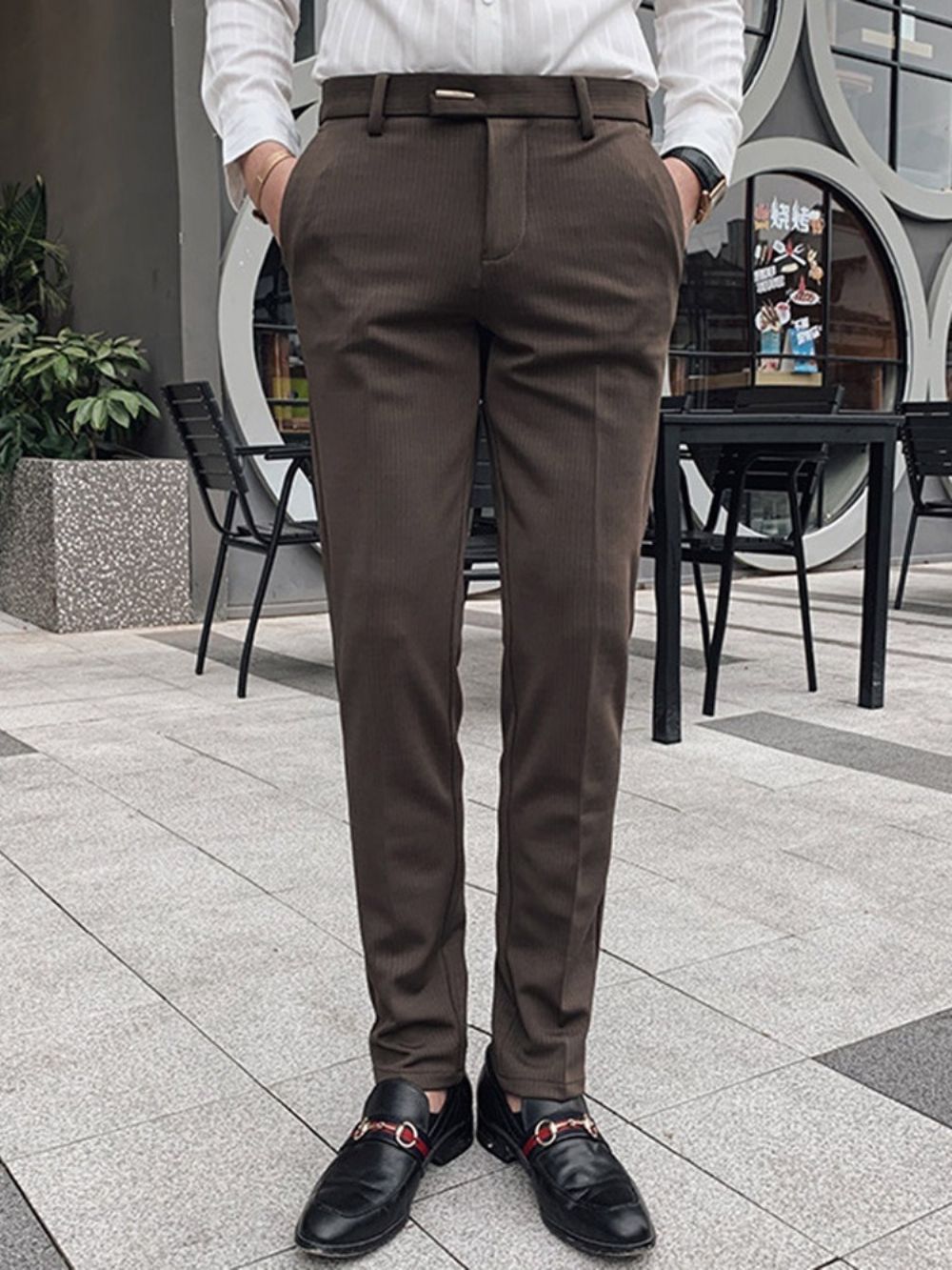 Calça Blazer Masculina Listrada Com Cintura Média E Comprimento Total