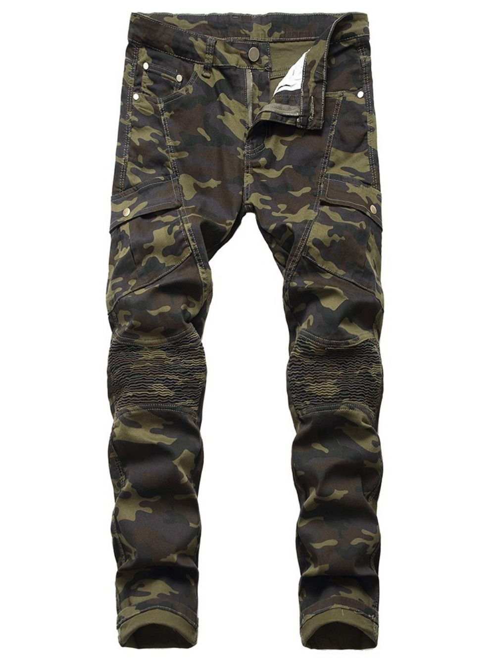 Calça Casual Plissada Camuflagem Reta Com Zíper Cintura Média