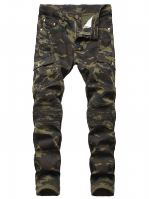 Calça Casual Plissada Camuflagem Reta Com Zíper Cintura Média