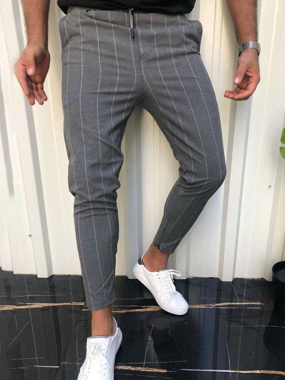 Calça Lápis Casual Masculina Com Listra Bolso Até O Tornozelo