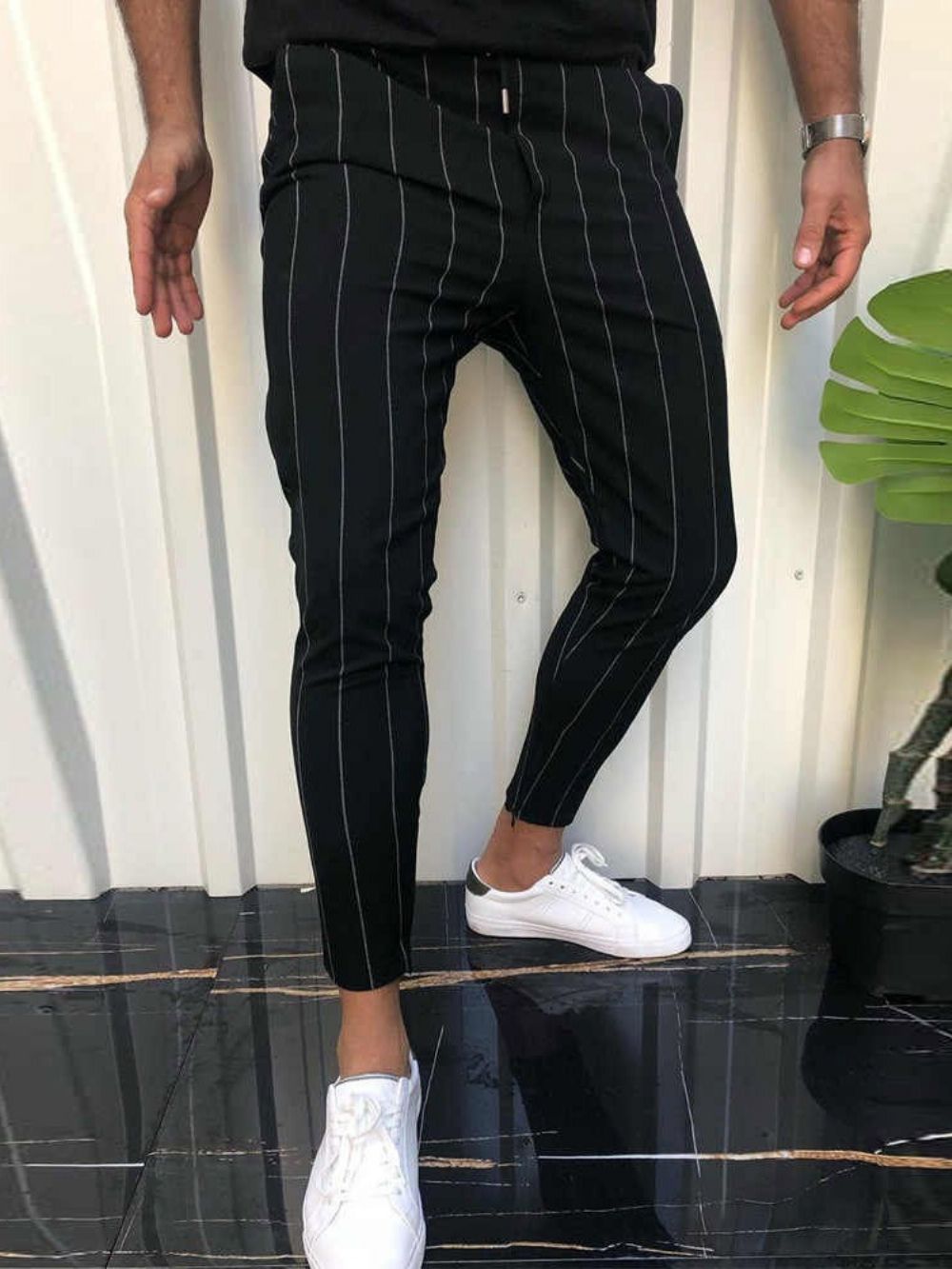 Calça Lápis Casual Masculina Com Listra Bolso Até O Tornozelo