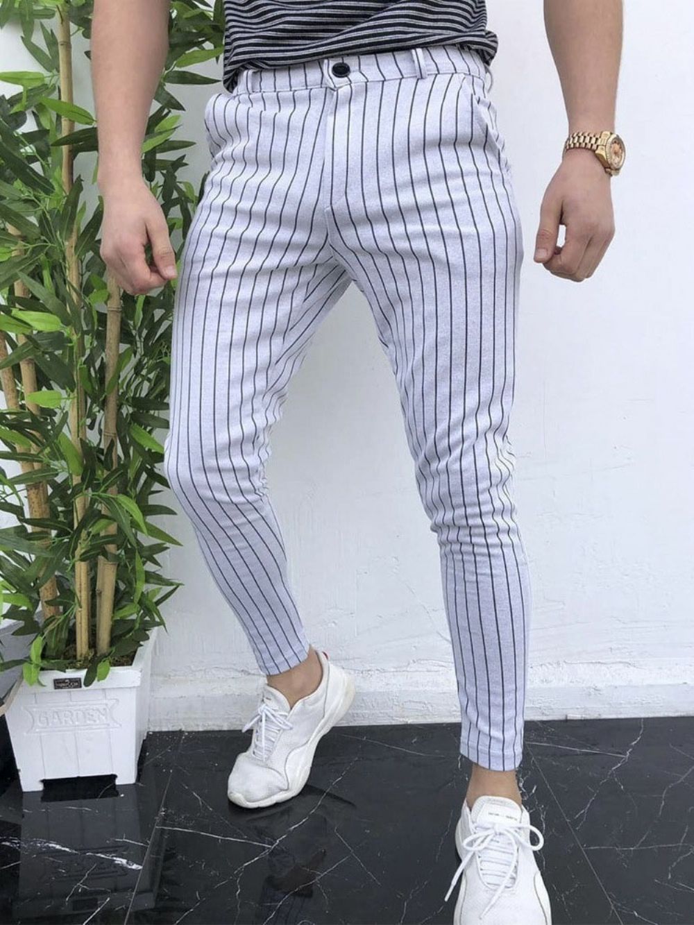 Calça Lápis Casual Masculina Com Listras De Bolso