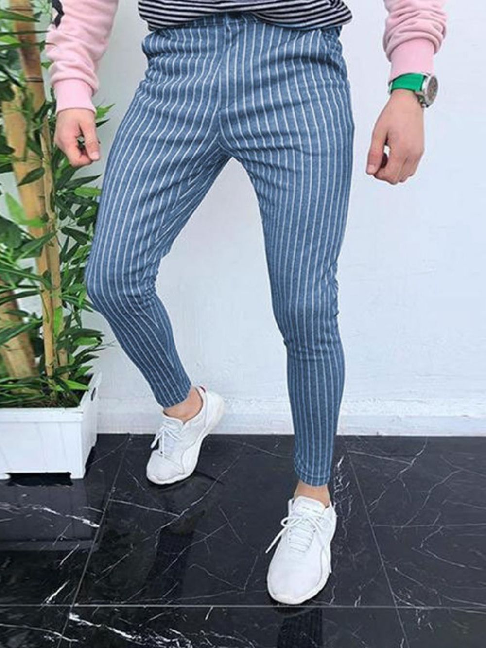 Calça Lápis Casual Masculina Com Listras De Bolso