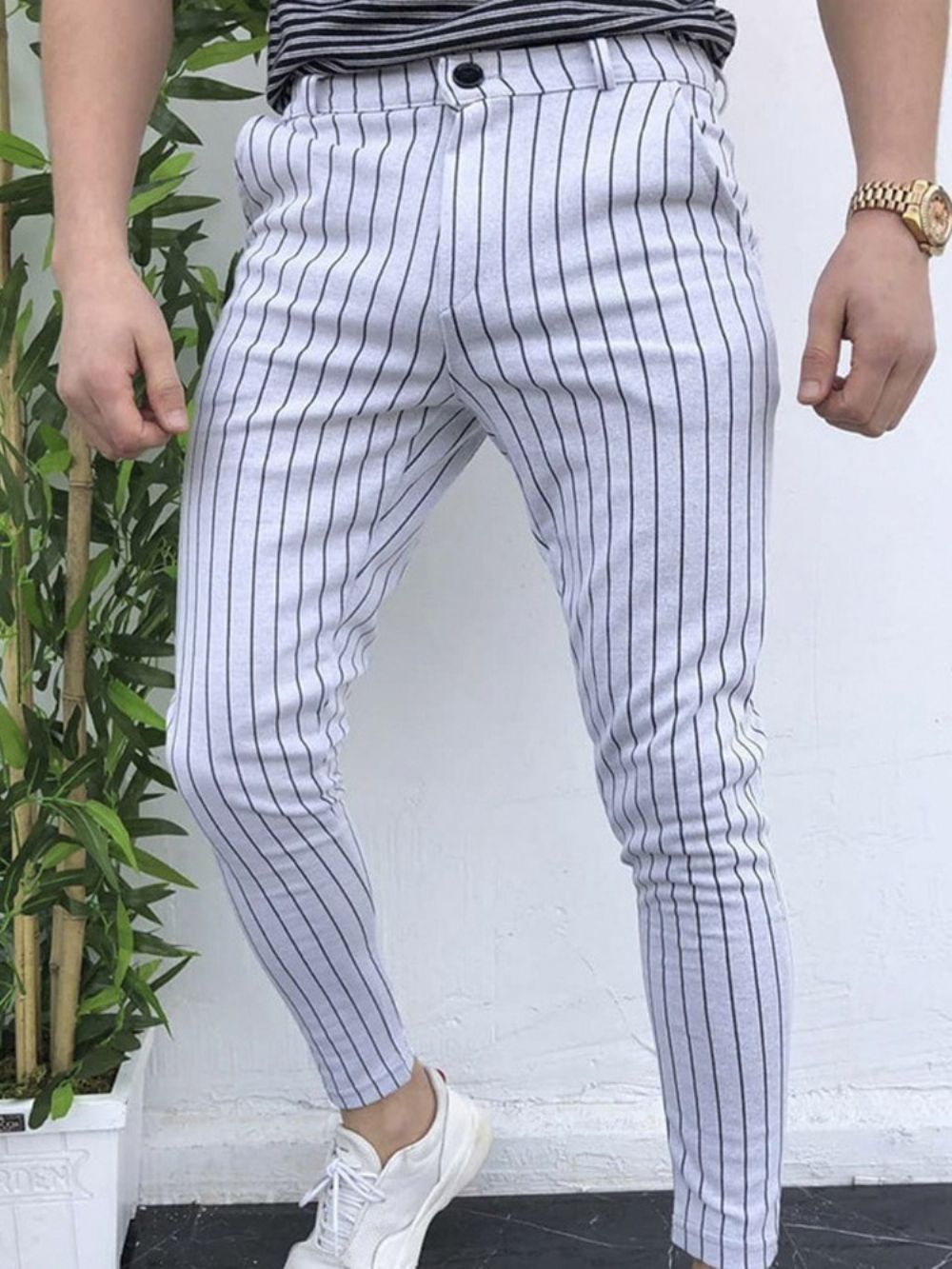 Calça Lápis Listrada Bolso Casual Cintura Média Masculina Calças Casuais