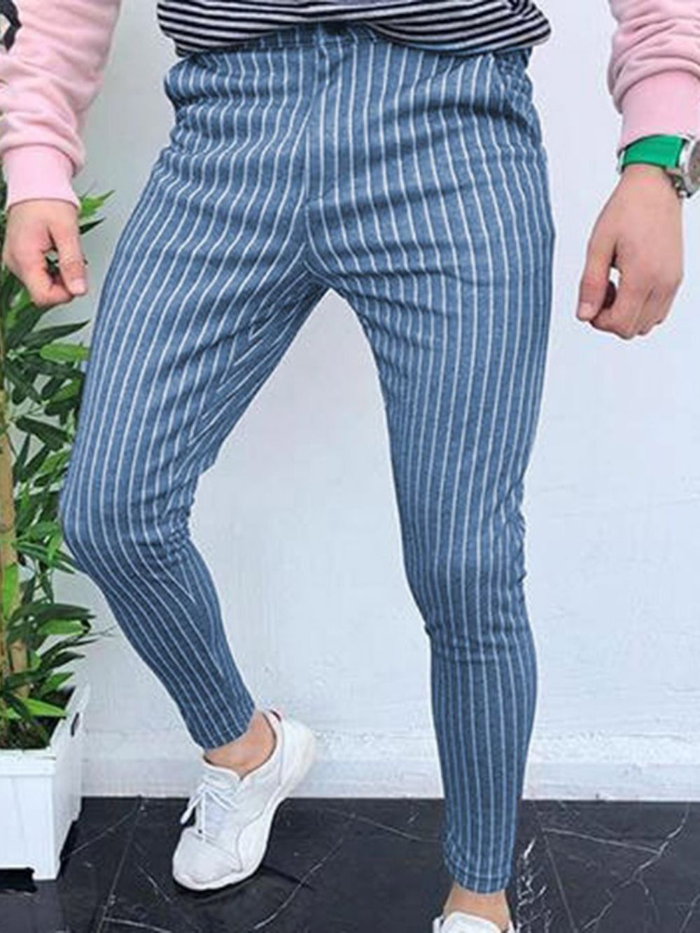 Calça Lápis Listrada Bolso Casual Cintura Média Masculina Calças Casuais