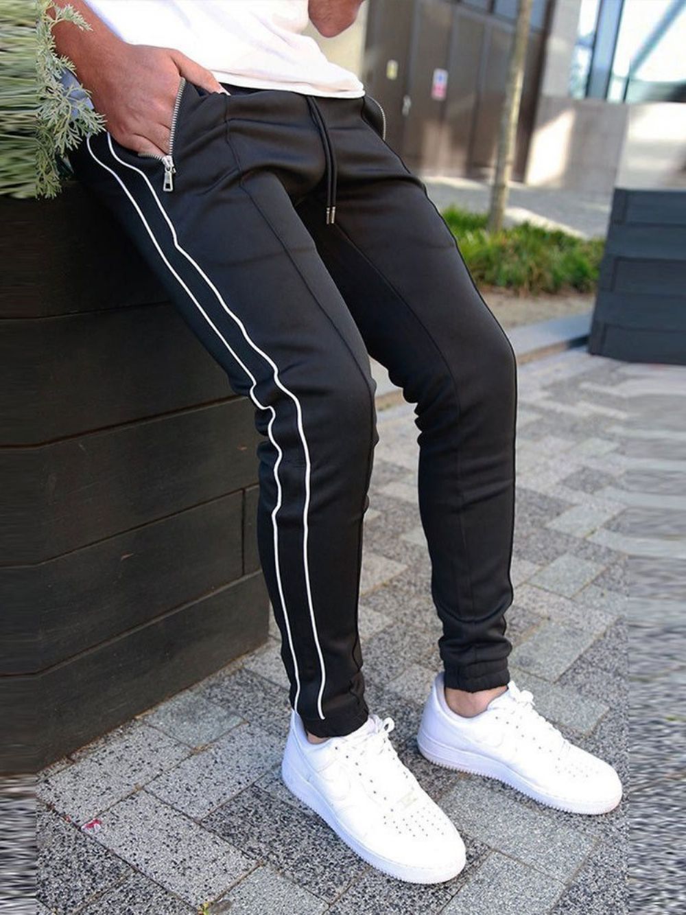 Calça Lápis Masculina Casual Listrada Com Cadarço