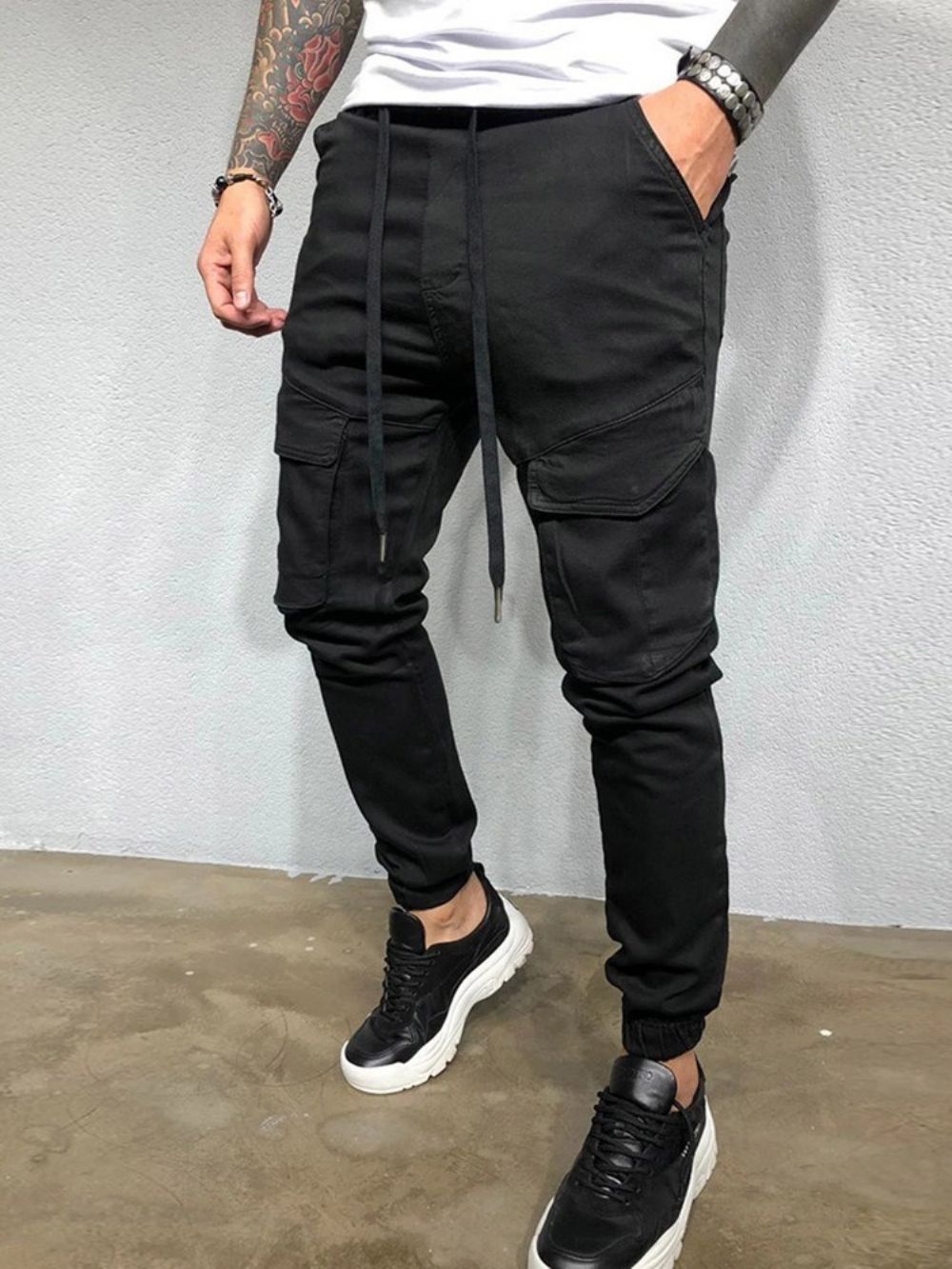 Calça Masculina Casual Com Cadarço Lisa Cintura Média Quatro Estações