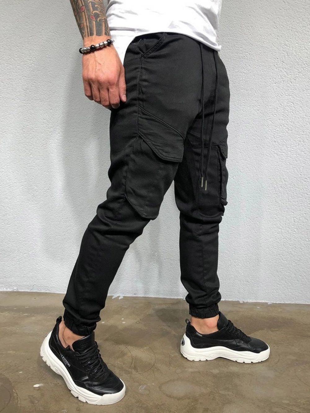 Calça Masculina Casual Com Cadarço Lisa Cintura Média Quatro Estações