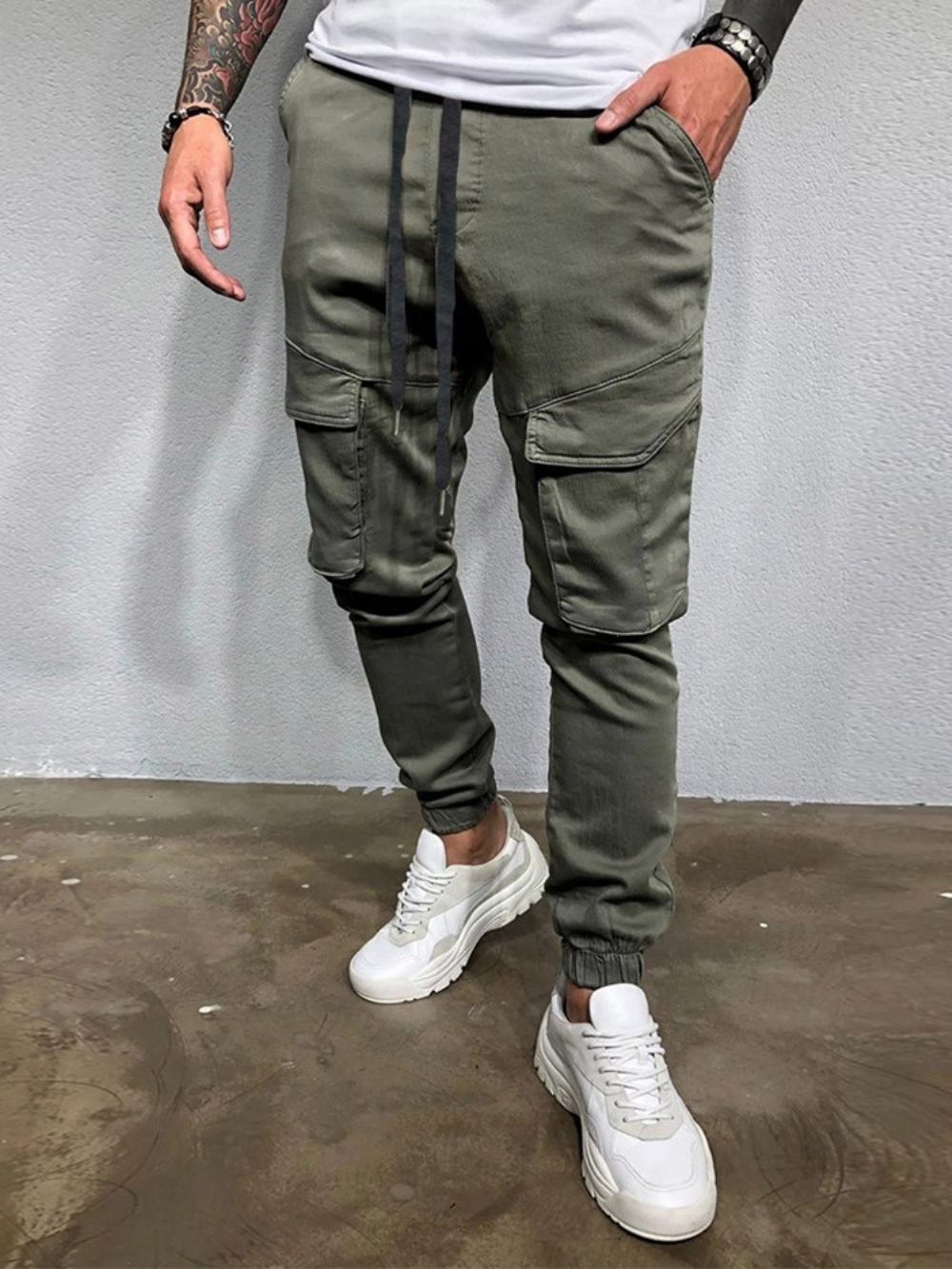 Calça Masculina Casual Com Cadarço Lisa Cintura Média Quatro Estações