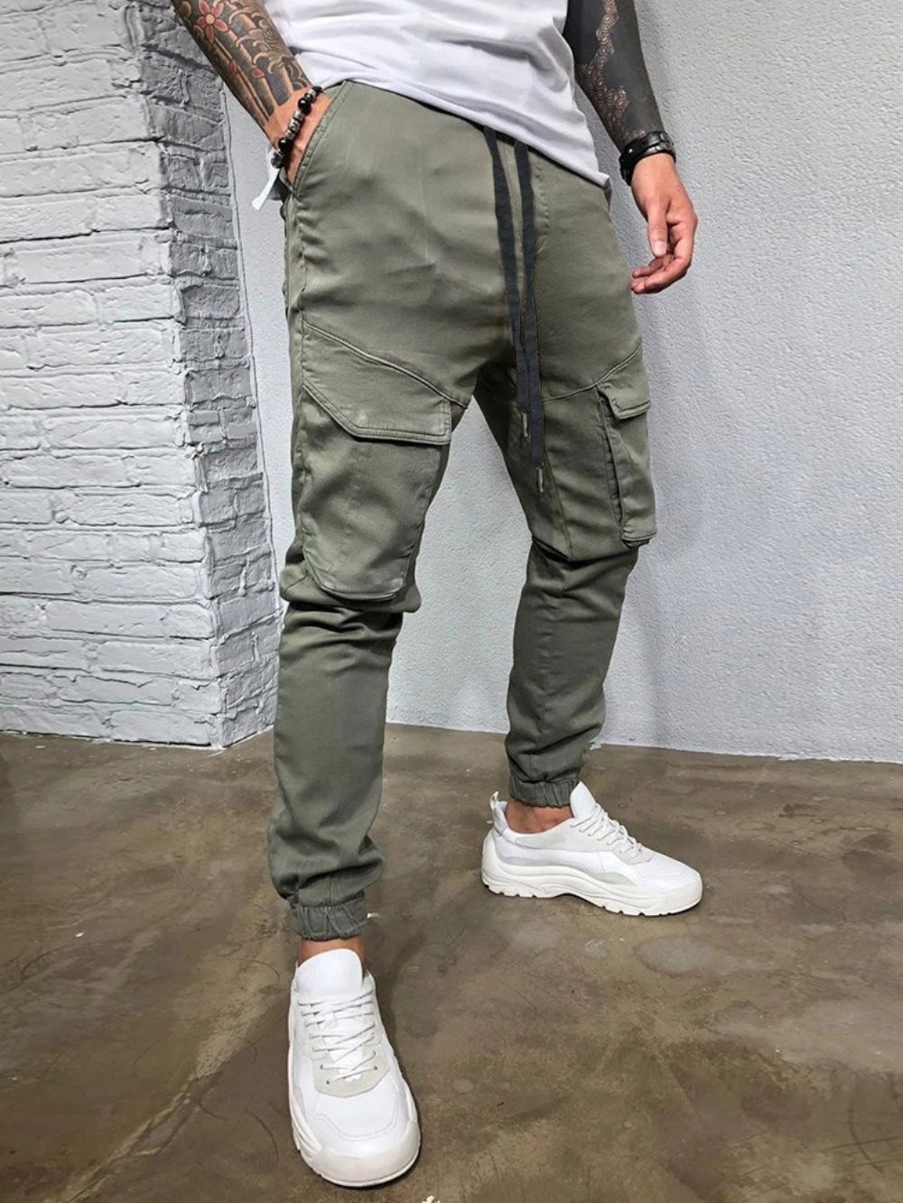 Calça Masculina Casual Com Cadarço Lisa Cintura Média Quatro Estações