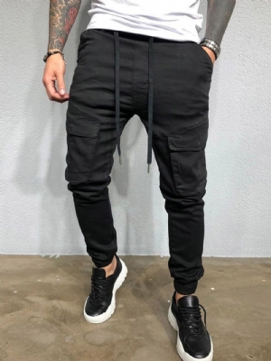 Calça Masculina Casual Com Cadarço Lisa Cintura Média Quatro Estações