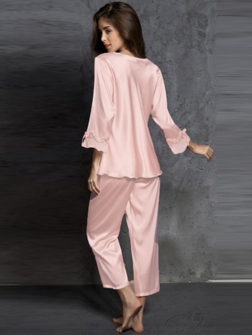 Conjunto De Pijama Feminino Simples Com Decote Em V Com Laço