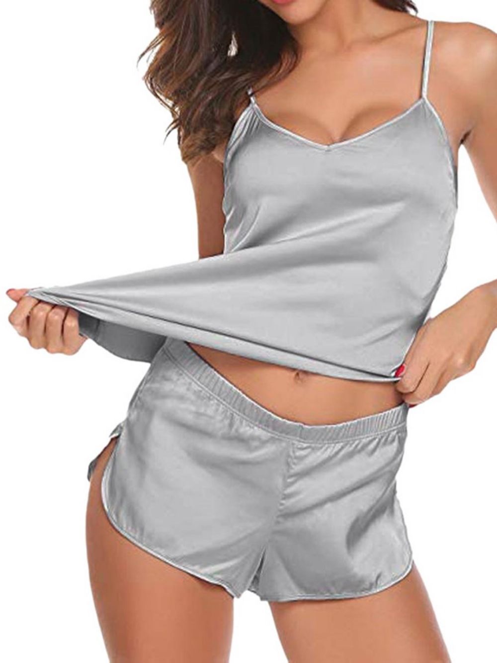 Fato De Pijama Feminino Sexy Simples Sem Mangas De Cetim Para Dormir