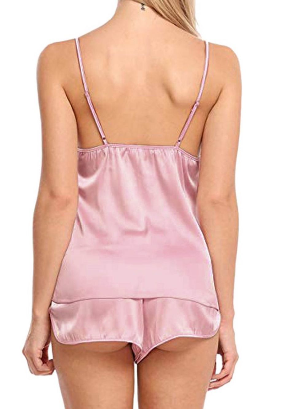 Fato De Pijama Feminino Sexy Simples Sem Mangas De Cetim Para Dormir