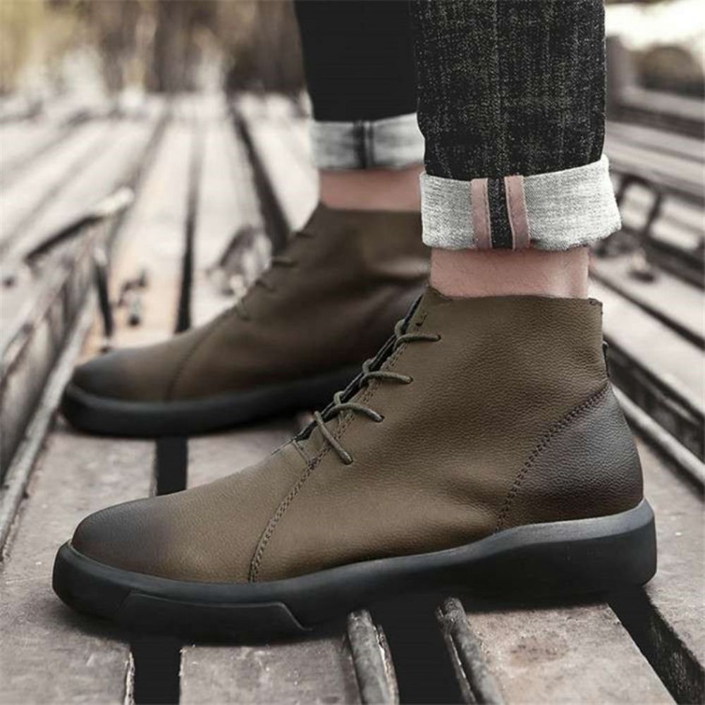 Botas Masculinas Com Cadarço Na Frente Bico Redondo Patchwork Pu