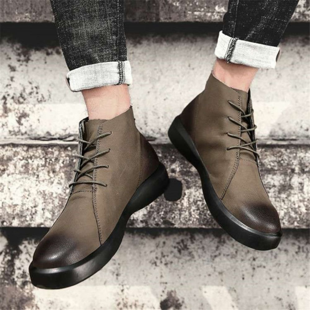 Botas Masculinas Com Cadarço Na Frente Bico Redondo Patchwork Pu