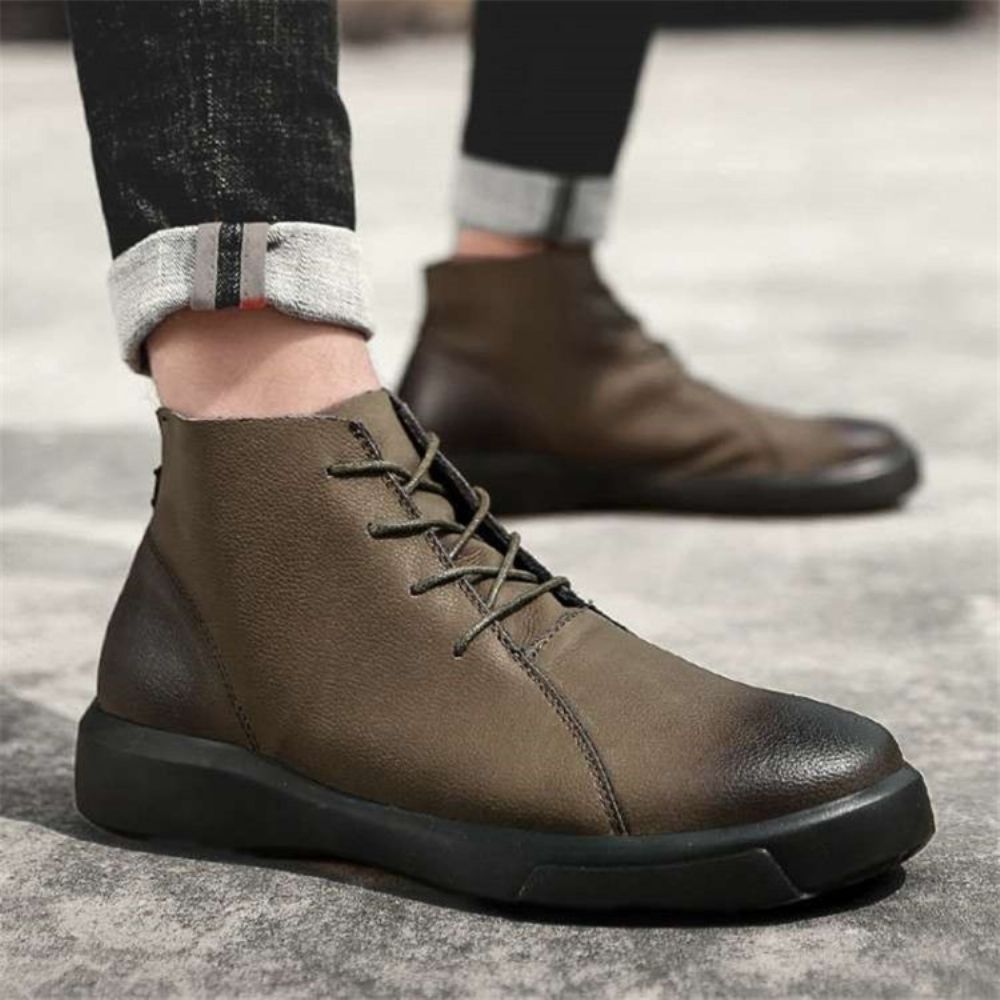 Botas Masculinas Com Cadarço Na Frente Bico Redondo Patchwork Pu